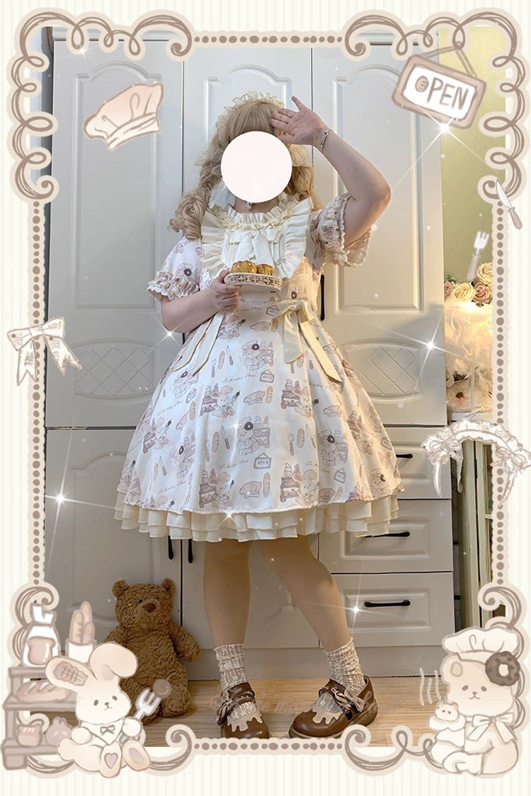 Sweet Lolita Dress - Puff Print Ruffle Bowknot, Ivory, Puff Sleeves, Plus Size, Bow Detail - additional product view 8