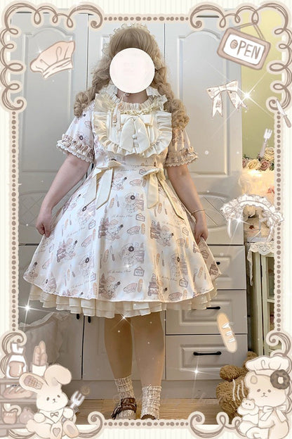 Sweet Lolita Dress - Puff Print Ruffle Bowknot, Ivory, Puff Sleeves, Plus Size, Bow Detail - additional product view 9