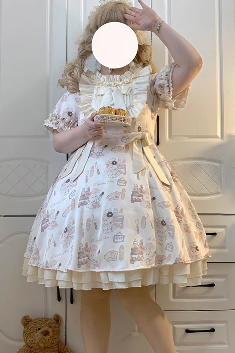 Sweet Lolita Dress - Puff Print Ruffle Bowknot, Ivory, Puff Sleeves, Plus Size, Bow Detail - main product image