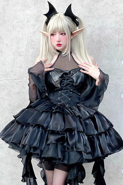 Sweet Lolita Dress - Pure Black Little Devil Sexy, Black, Lace Trim, Layered, Gothic Style - additional product view 4