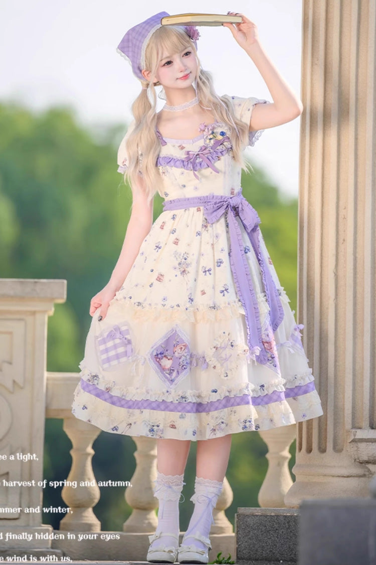 Sweet Lolita Dress - Purple/ivory Blueberry Pie Print, 2 Colors, Ruffled, Printed - additional product view 3