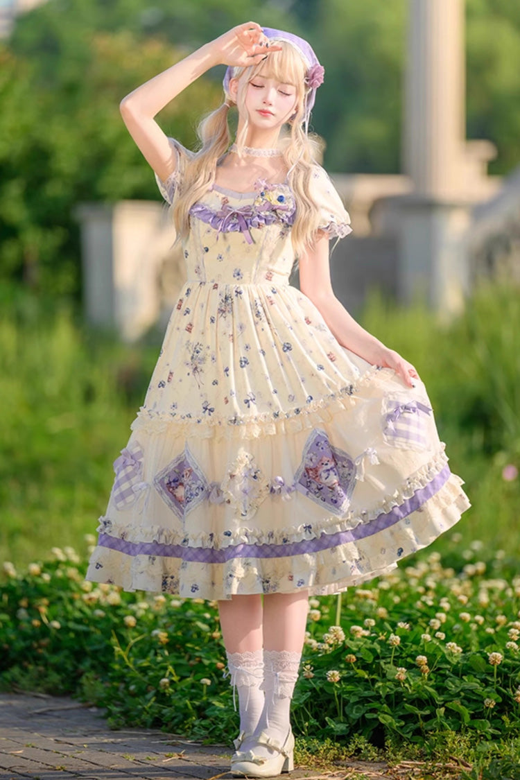 Sweet Lolita Dress - Purple/ivory Blueberry Pie Print, 2 Colors, Ruffled, Printed - main product image