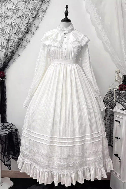 Sweet Lolita Dress - Quiet Place, White, Ruffled, Embroidered, Long Sleeves - additional product view 3