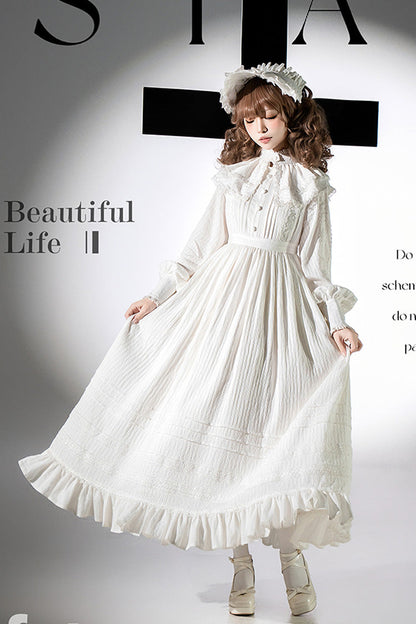 Sweet Lolita Dress - Quiet Place, White, Ruffled, Embroidered, Long Sleeves - additional product view 5