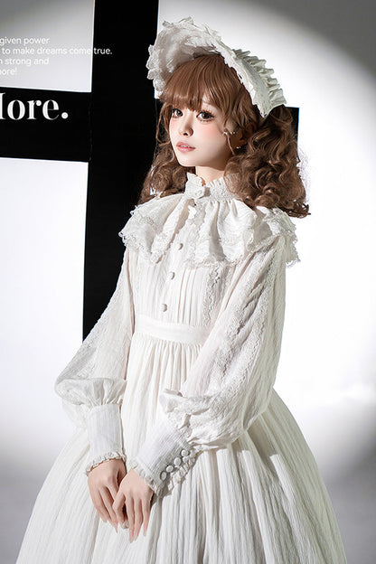 Sweet Lolita Dress - Quiet Place, White, Ruffled, Embroidered, Long Sleeves - additional product view 8