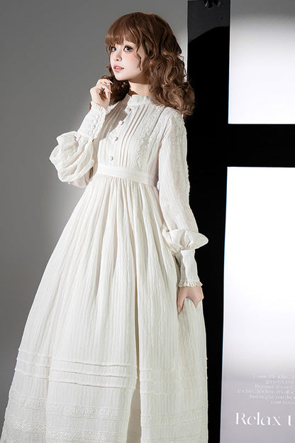 Sweet Lolita Dress - Quiet Place, White, Ruffled, Embroidered, Long Sleeves - additional product view 9