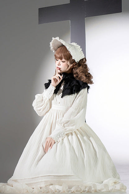 Sweet Lolita Dress - Quiet Place, White, Ruffled, Embroidered, Long Sleeves - additional product view 10