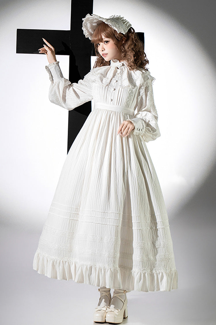 Sweet Lolita Dress - Quiet Place, White, Ruffled, Embroidered, Long Sleeves - main product image