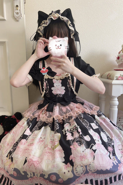 Sweet Lolita Dress - Rabbit Bear Wardrobe Print, 3 Colors, Detachable Detail, Printed - additional product view 3