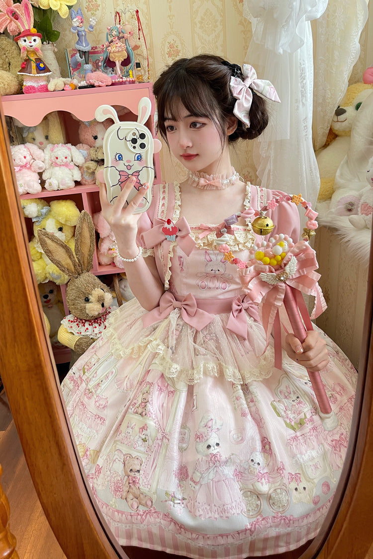 Sweet Lolita Dress - Rabbit Bear Wardrobe Print, 3 Colors, Detachable Detail, Printed - additional product view 5