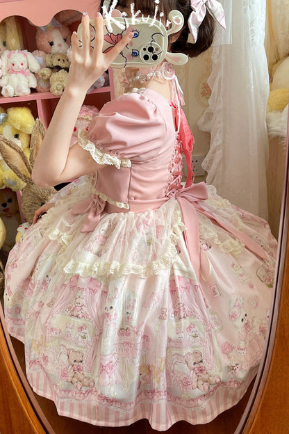 Sweet Lolita Dress - Rabbit Bear Wardrobe Print, 3 Colors, Detachable Detail, Printed - additional product view 7