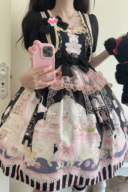Sweet Lolita Dress - Rabbit Bear Wardrobe Print, 3 Colors, Detachable Detail, Printed - additional product view 14
