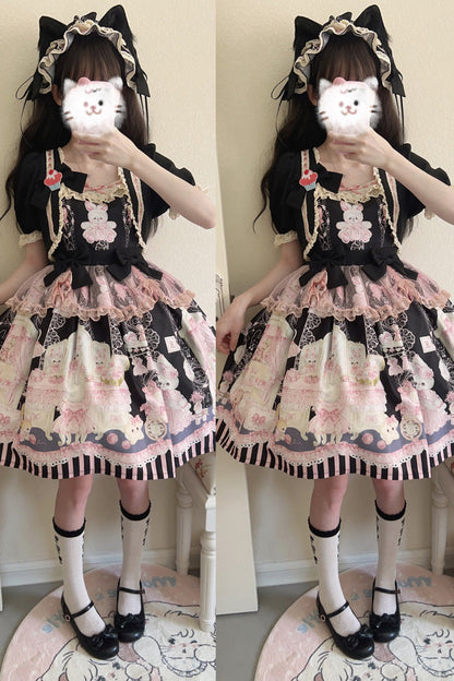 Sweet Lolita Dress - Rabbit Bear Wardrobe Print, 3 Colors, Detachable Detail, Printed - additional product view 15