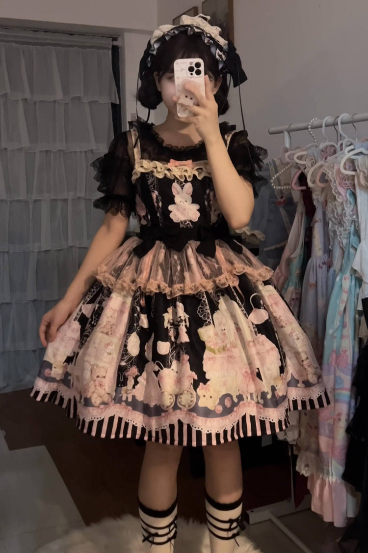 Sweet Lolita Dress - Rabbit Bear Wardrobe Print, 3 Colors, Detachable Detail, Printed - additional product view 16