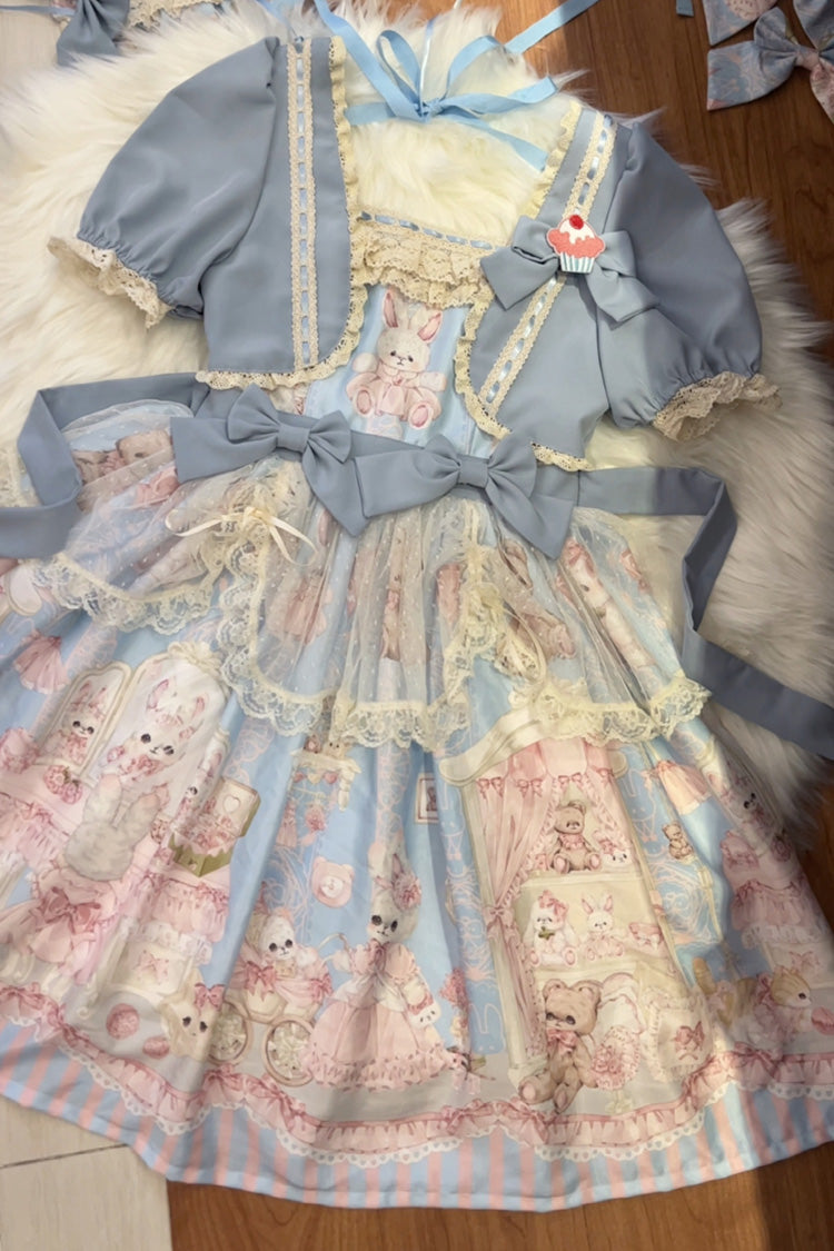 Sweet Lolita Dress - Rabbit Bear Wardrobe Print, 3 Colors, Detachable Detail, Printed - S Blue OP / M Blue OP / L Blue OP option