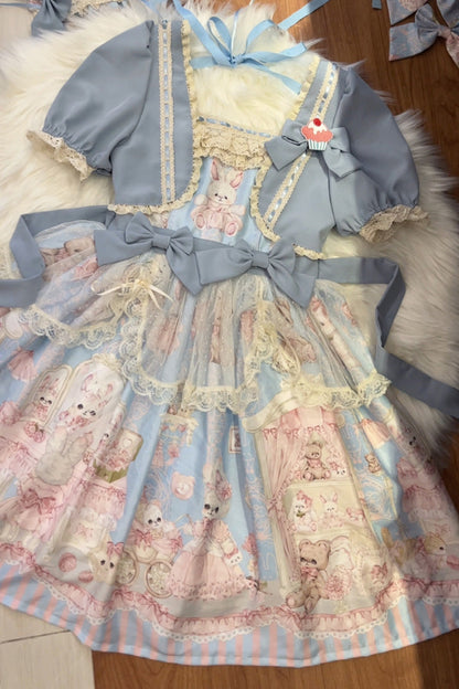 Sweet Lolita Dress - Rabbit Bear Wardrobe Print, 3 Colors, Detachable Detail, Printed - S Blue OP / M Blue OP / L Blue OP option
