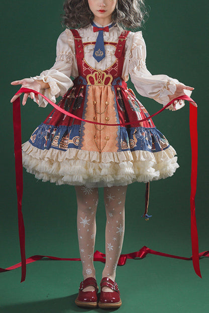 Sweet Lolita Dress - Red/blue Clara Collection, 2 Colors, Ruffled, Printed - main product image