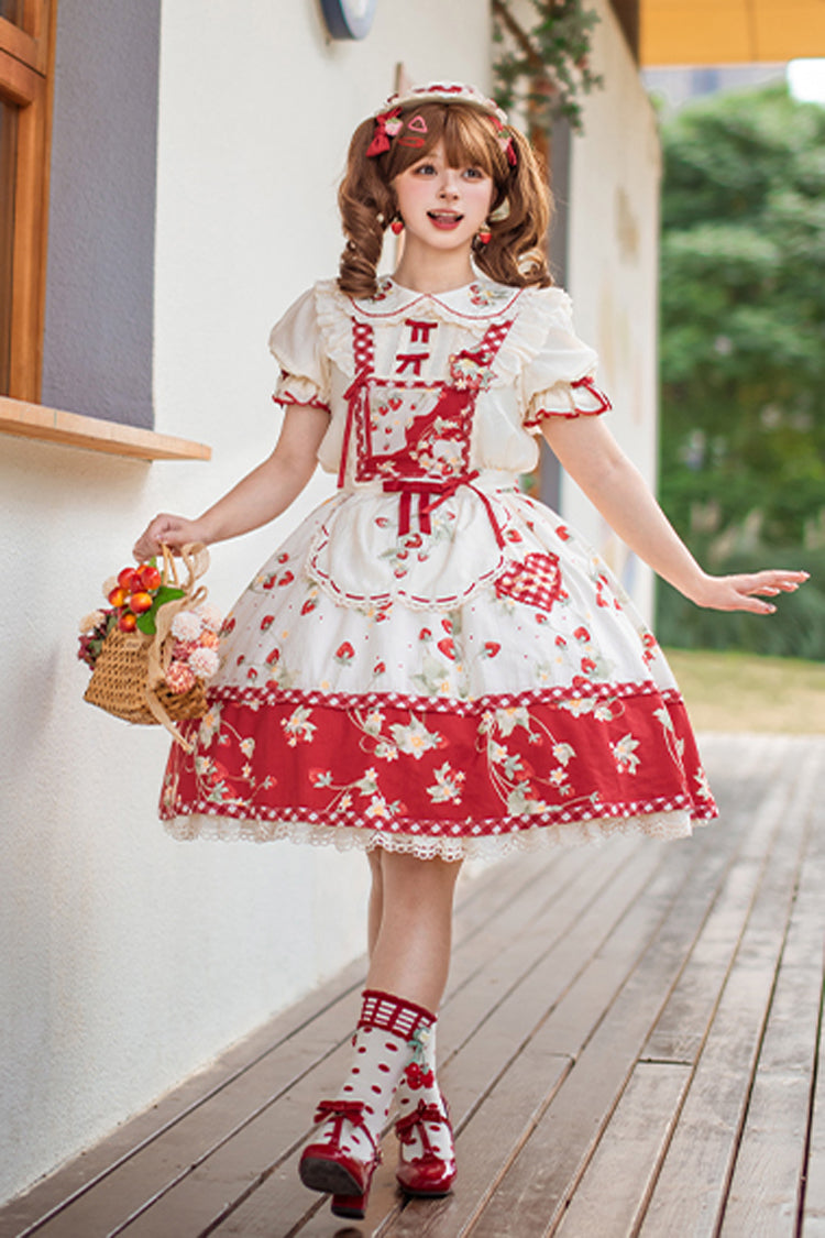Sweet Lolita Dress - Red/white Strawberry Orchard, 2 Colors, Detachable Detail, Ruffled - additional product view 2