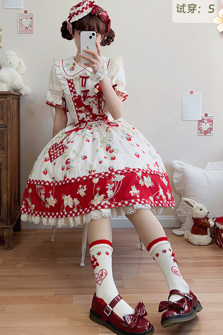 Sweet Lolita Dress - Red/white Strawberry Orchard, 2 Colors, Detachable Detail, Ruffled - additional product view 3