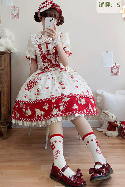 Sweet Lolita Dress - Red/white Strawberry Orchard, 2 Colors, Detachable Detail, Ruffled - additional product view 3