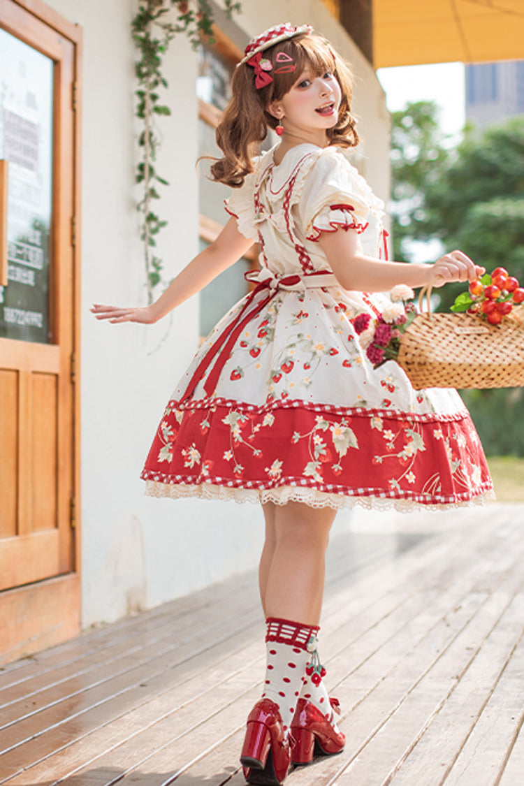 Sweet Lolita Dress - Red/white Strawberry Orchard, 2 Colors, Detachable Detail, Ruffled - additional product view 4