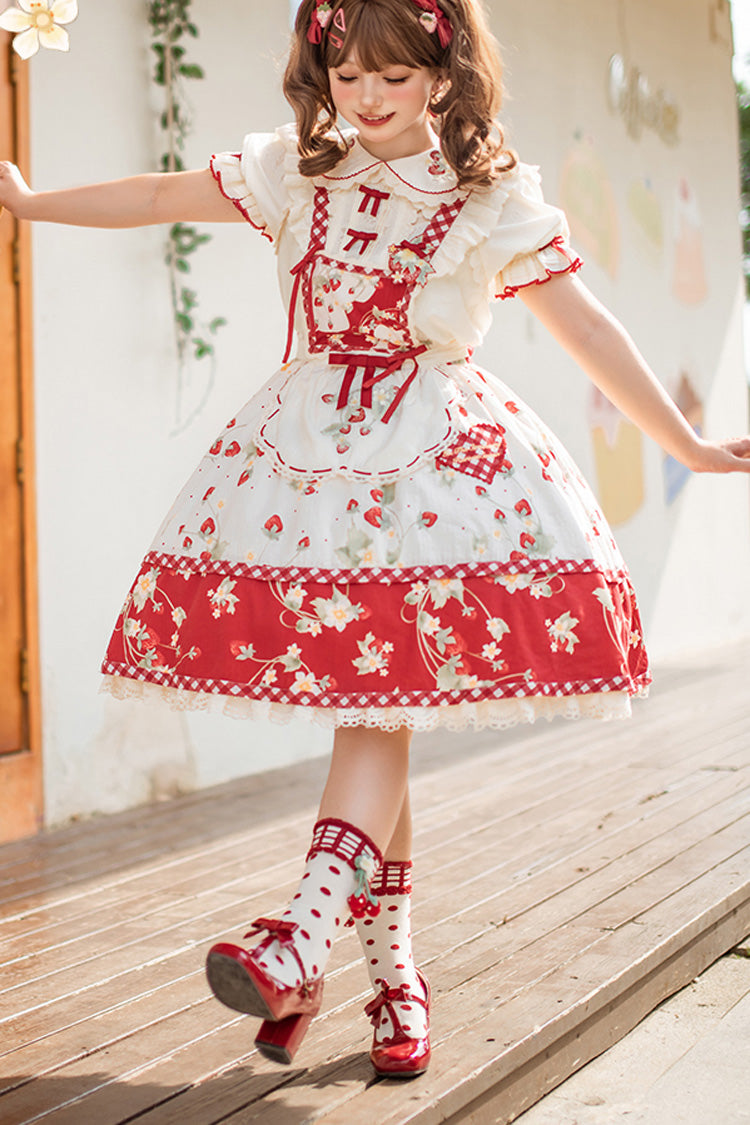 Sweet Lolita Dress - Red/white Strawberry Orchard, 2 Colors, Detachable Detail, Ruffled - main product image