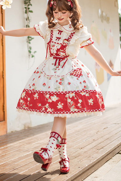 Sweet Lolita Dress - Red/white Strawberry Orchard, 2 Colors, Detachable Detail, Ruffled - main product image