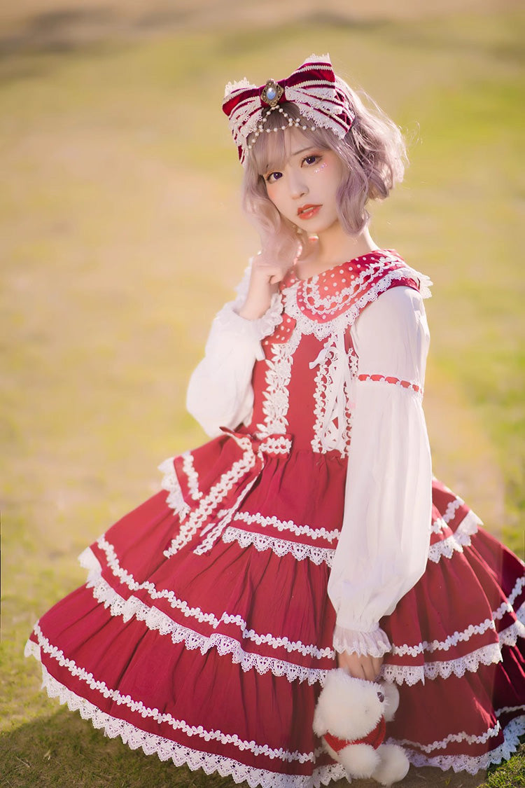 Sweet Lolita Dress - Red/white Three-section Cake, 2 Colors, Layered - additional product view 3