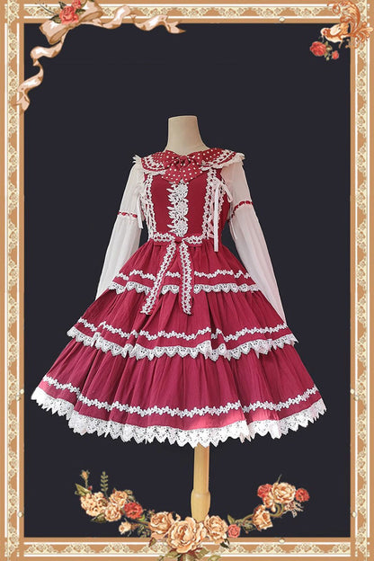 Sweet Lolita Dress - Red/white Three-section Cake, 2 Colors, Layered - additional product view 5