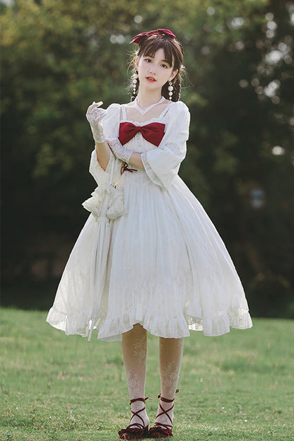 Sweet Lolita Dress - Roman Covenant Boat Neck, White, Bow Detail, Ruffled, Long Sleeves - additional product view 2