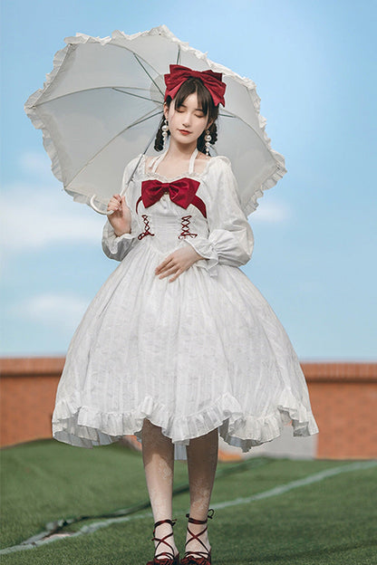 Sweet Lolita Dress - Roman Covenant Boat Neck, White, Bow Detail, Ruffled, Long Sleeves - additional product view 3