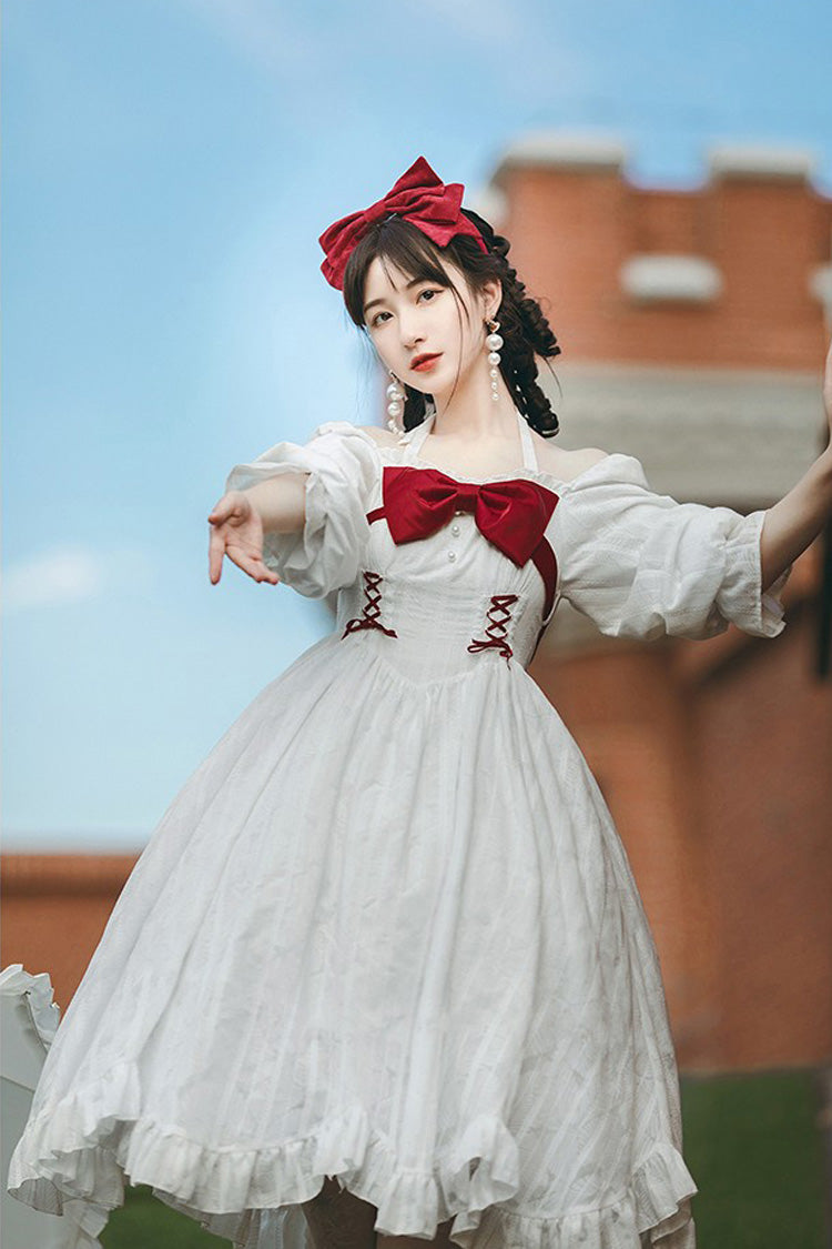 Sweet Lolita Dress - Roman Covenant Boat Neck, White, Bow Detail, Ruffled, Long Sleeves - additional product view 4
