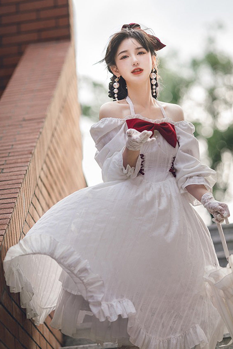 Sweet Lolita Dress - Roman Covenant Boat Neck, White, Bow Detail, Ruffled, Long Sleeves - additional product view 5