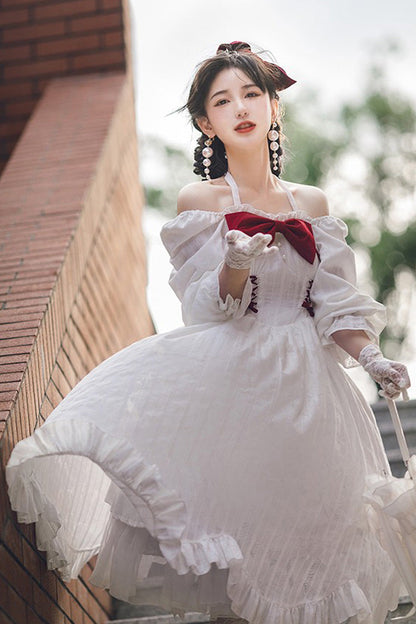 Sweet Lolita Dress - Roman Covenant Boat Neck, White, Bow Detail, Ruffled, Long Sleeves - additional product view 5