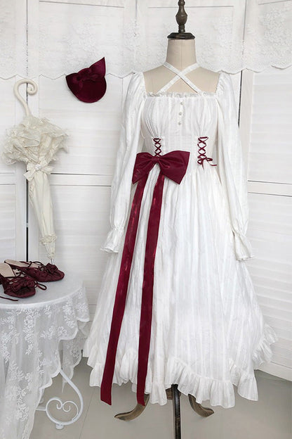 Sweet Lolita Dress - Roman Covenant Boat Neck, White, Bow Detail, Ruffled, Long Sleeves - additional product view 7