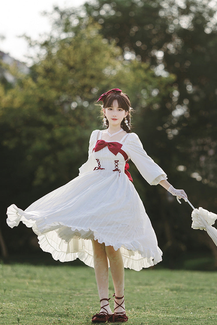 Sweet Lolita Dress - Roman Covenant Boat Neck, White, Bow Detail, Ruffled, Long Sleeves - additional product view 8