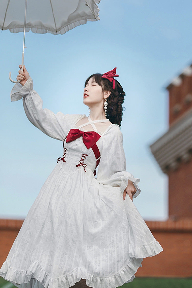 Sweet Lolita Dress - Roman Covenant Boat Neck, White, Bow Detail, Ruffled, Long Sleeves - additional product view 10