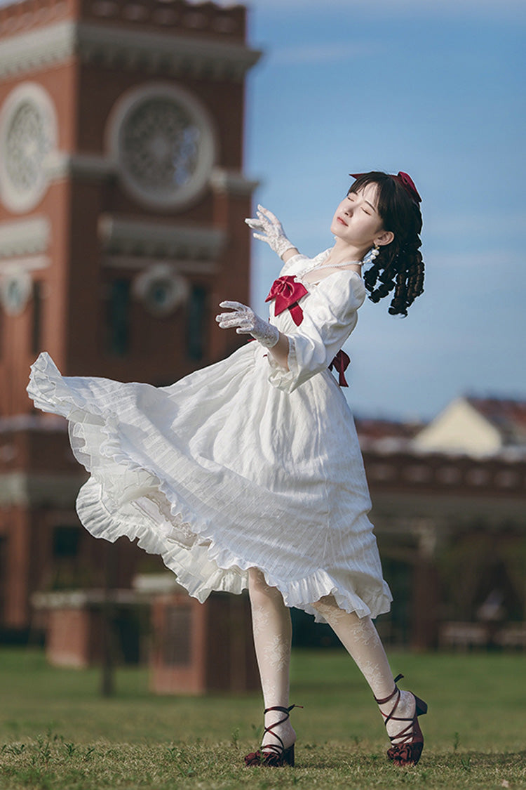 Sweet Lolita Dress - Roman Covenant Boat Neck, White, Bow Detail, Ruffled, Long Sleeves - additional product view 11