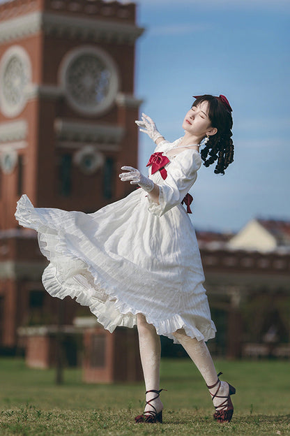 Sweet Lolita Dress - Roman Covenant Boat Neck, White, Bow Detail, Ruffled, Long Sleeves - additional product view 11