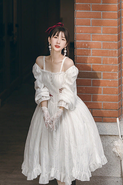 Sweet Lolita Dress - Roman Covenant Boat Neck, White, Bow Detail, Ruffled, Long Sleeves - additional product view 13