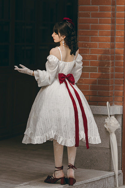 Sweet Lolita Dress - Roman Covenant Boat Neck, White, Bow Detail, Ruffled, Long Sleeves - additional product view 14