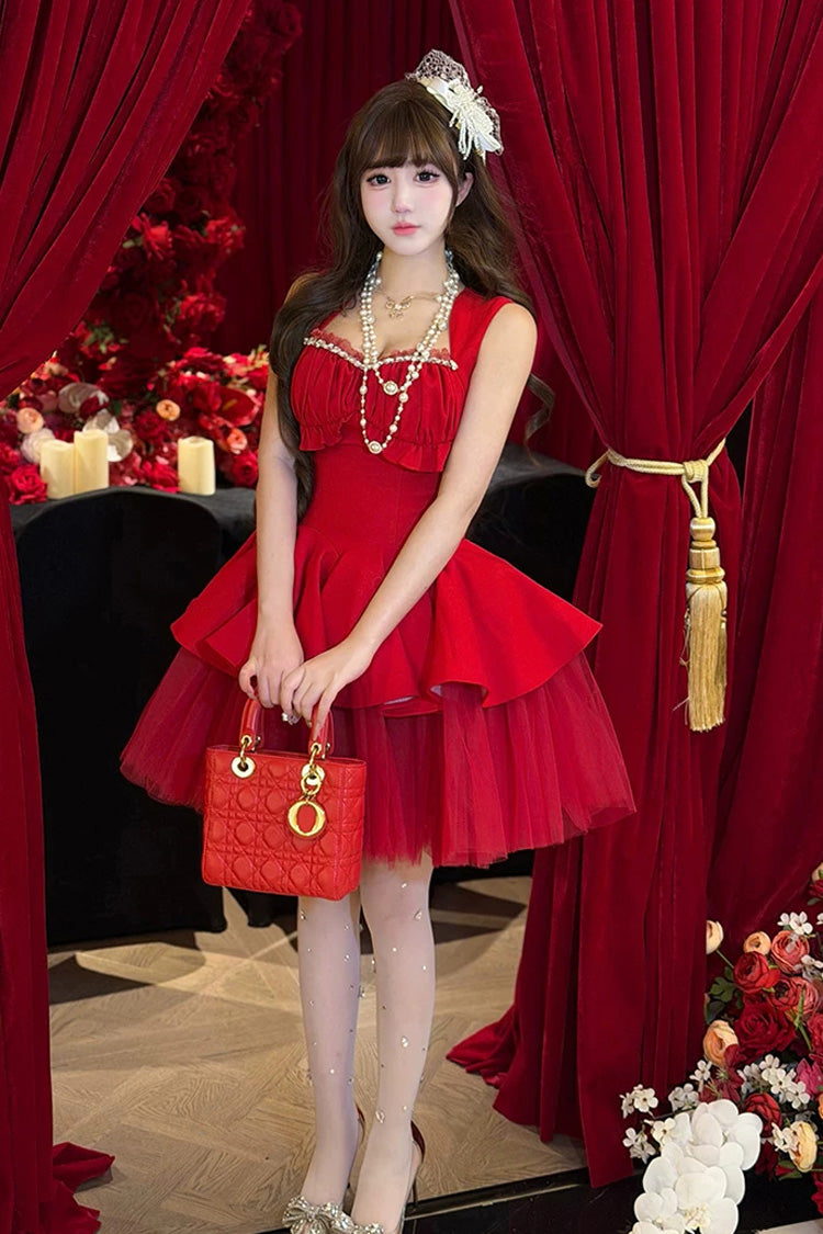 Sweet Lolita Dress - Romantic Rose, Red, Square Collar, Ruffled, Classic Style - additional product view 3