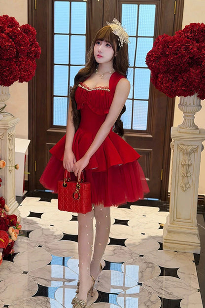 Sweet Lolita Dress - Romantic Rose, Red, Square Collar, Ruffled, Classic Style - additional product view 4