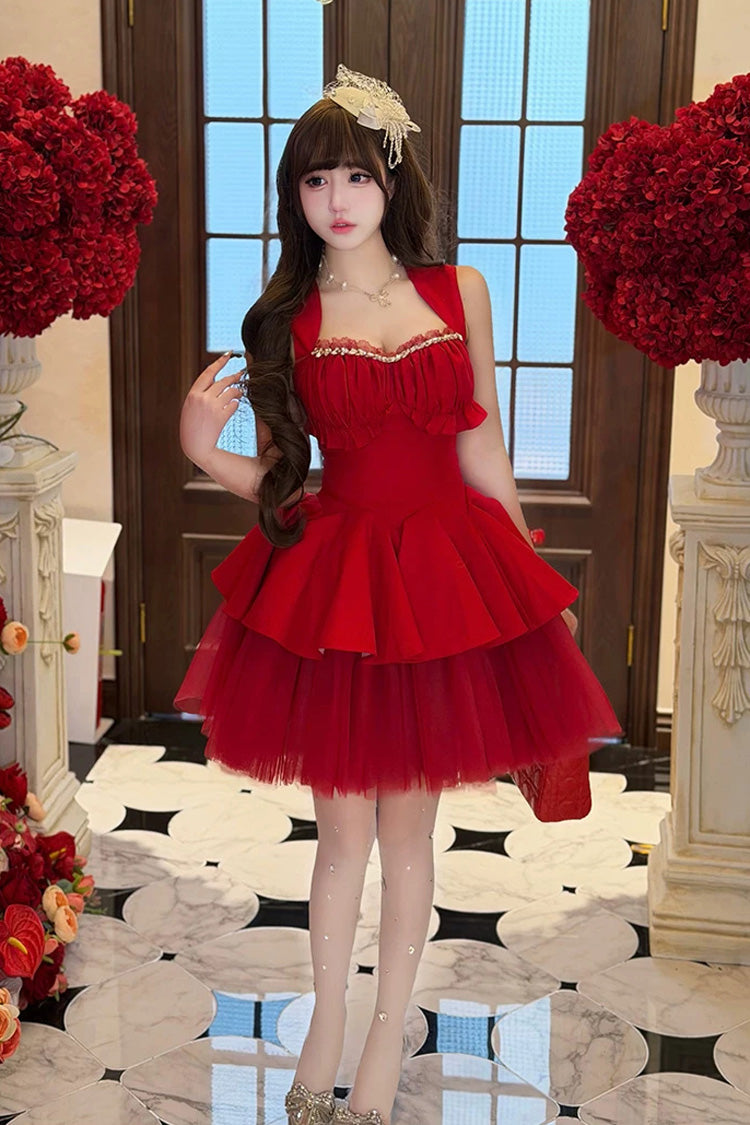 Sweet Lolita Dress - Romantic Rose, Red, Square Collar, Ruffled, Classic Style - additional product view 5