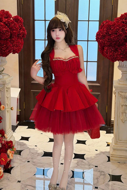 Sweet Lolita Dress - Romantic Rose, Red, Square Collar, Ruffled, Classic Style - additional product view 5
