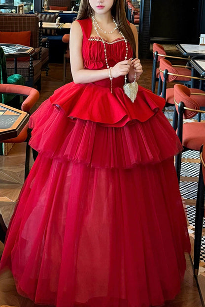 Sweet Lolita Dress - Romantic Rose, Red, Square Collar, Ruffled, Classic Style - additional product view 6