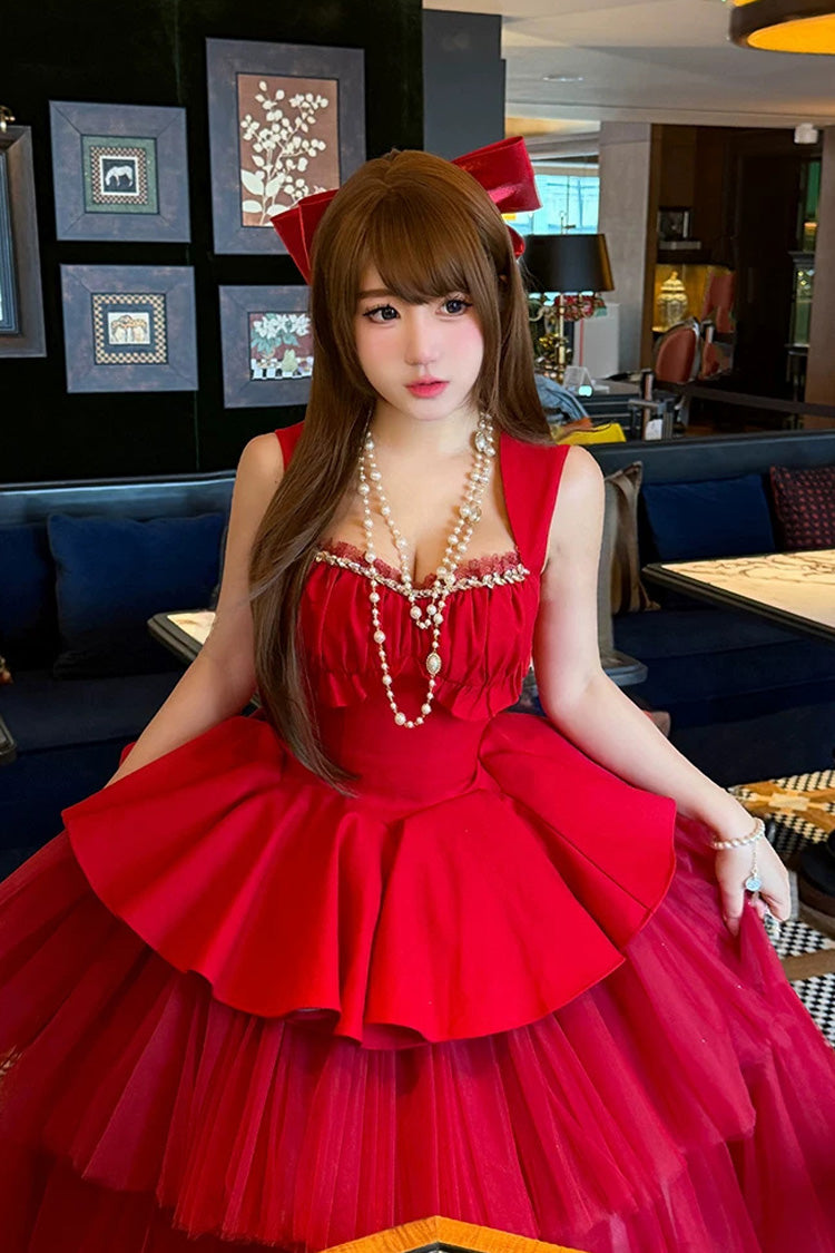 Sweet Lolita Dress - Romantic Rose, Red, Square Collar, Ruffled, Classic Style - additional product view 7