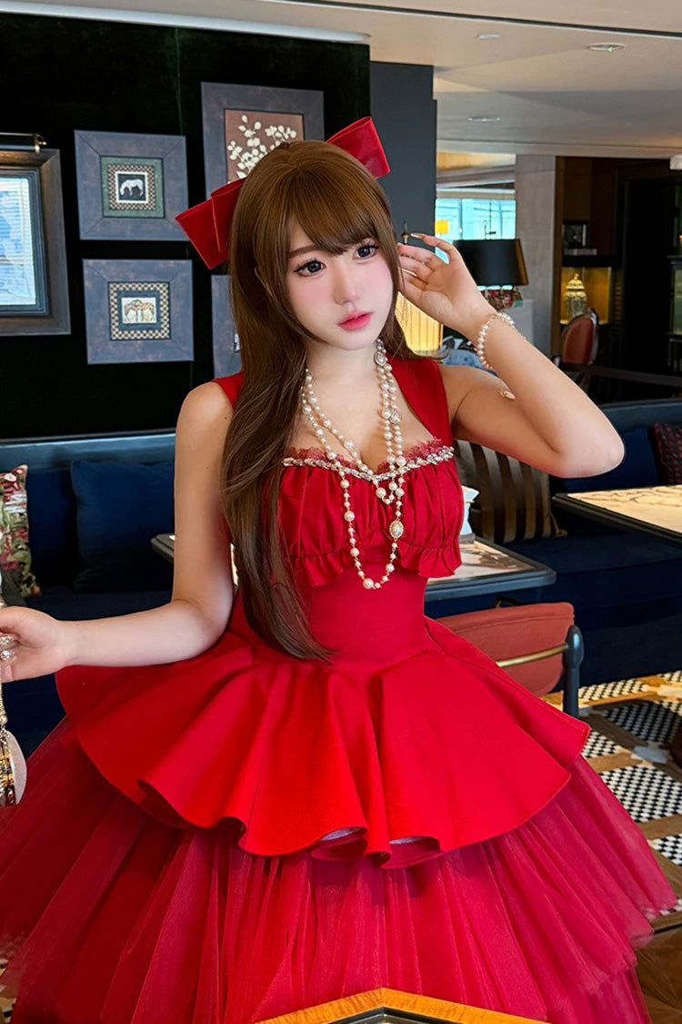 Sweet Lolita Dress - Romantic Rose, Red, Square Collar, Ruffled, Classic Style - additional product view 8