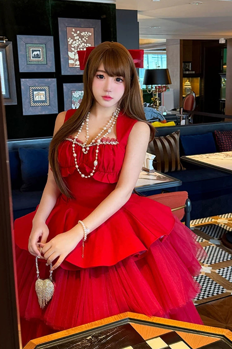 Sweet Lolita Dress - Romantic Rose, Red, Square Collar, Ruffled, Classic Style - additional product view 9