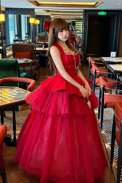 Sweet Lolita Dress - Romantic Rose, Red, Square Collar, Ruffled, Classic Style - additional product view 10